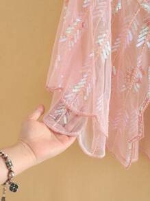 女士复古亮片彩色粉色叶子图案 1920 年代披肩，优雅的薄纱网眼围巾，适合婚礼、派对和礼服。