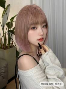 alicegarden 1 片合成耐热、粉色刘海短款 Bobo 直发假发，10 英寸长，纤维制成，时尚假发，自然逼真 - 粉色 - 查看 3