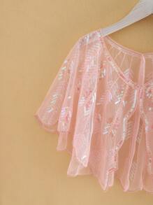 女士复古亮片彩色粉色叶子图案 1920 年代披肩，优雅的薄纱网眼围巾，适合婚礼、派对和礼服。