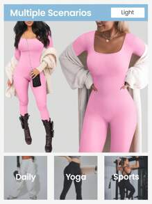 YEIFIN Winter Women's Basic Yoga, Running, High Stretch Sports Jumpsuit, Abdominal Weightlifting, Slimming, Fitness Yoga Clothes - Pink - View 5