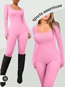 YEIFIN Winter Women's Basic Yoga, Running, High Stretch Sports Jumpsuit, Abdominal Weightlifting, Slimming, Fitness Yoga Clothes - Pink - View 3