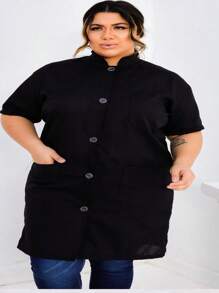 Sleeveless Lab Coat With Oxford Collar And 3 Pockets - Black - View 1