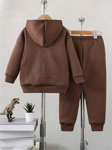 Bộ 2 áo nỉ dài tay có mũ trùm đầu họa tiết khủng long bằng vải jacquard cho bé trai, quần dài, bộ đồ thoải mái thường ngày phối hợp cho mùa thu đông làm quà tặng - màu nâu - Xem 2