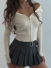 Y2K lässige Strickjacke mit Umlegekragen, Reißverschluss, geripptem Strick, Revers, Armausschnitt und langem Ärmel, Basis T-Shirt Pullover Top