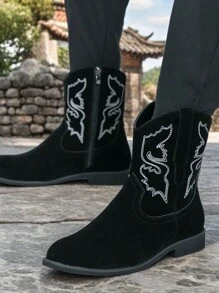 Cizme occidentale pentru bărbați, cizme cu vârf înalt, cizme până la jumătatea gambei, cizme scurte maro în stil englezesc vintage, cizme Chelsea din piele intoarsa de iarna, cizme cu vârf înalt brodate - Negru - Vizualizare 4