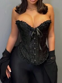 Apperloth A Áo croptop kiểu bustier phối quần lọt khe, họa tiết jacquard thời thượng phong cách Y2K, viền bèo nhún tương phản, buộc dây phía trước, có gọng nâng ngực phía sau, là item không thể thiếu cho tiệc Valentine hay lễ hội âm nhạc mùa hè. - màu đen - Xem 3