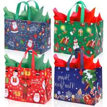 4 piezas/12 piezas Bolsas de regalo grandes de Navidad, bolsas reutilizables con papel de regalo, bolsas de tela no tejida para Navidad, adecuadas para eventos y fiestas navideñas, decoraciones navideñas, pijamas navideños, regalos navideños, decoración navideña