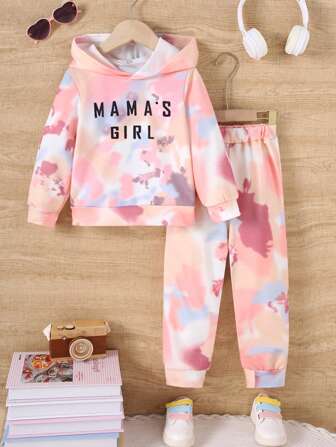 2pcs Young Girl Casual Contrast Color Letter Print Long Sleeve Top And Contrast Pants Set, Fall/Winter