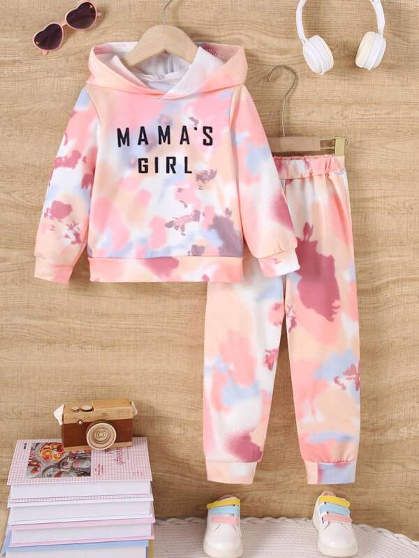 Conjunto de 2 piezas de parte superior de manga larga con estampado de letras de color contrastante y pantalones contrastantes, para niñas, informal, para otoño/invierno