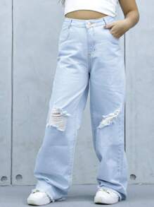 Girls Wide Leg Jeans - 淺色水洗藍 - 查看 4