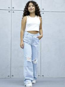 Girls Wide Leg Jeans - 淺色水洗藍 - 查看 3