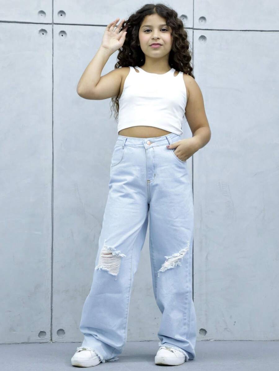 Girls Wide Leg Jeans - 淺色水洗藍 - 查看 1