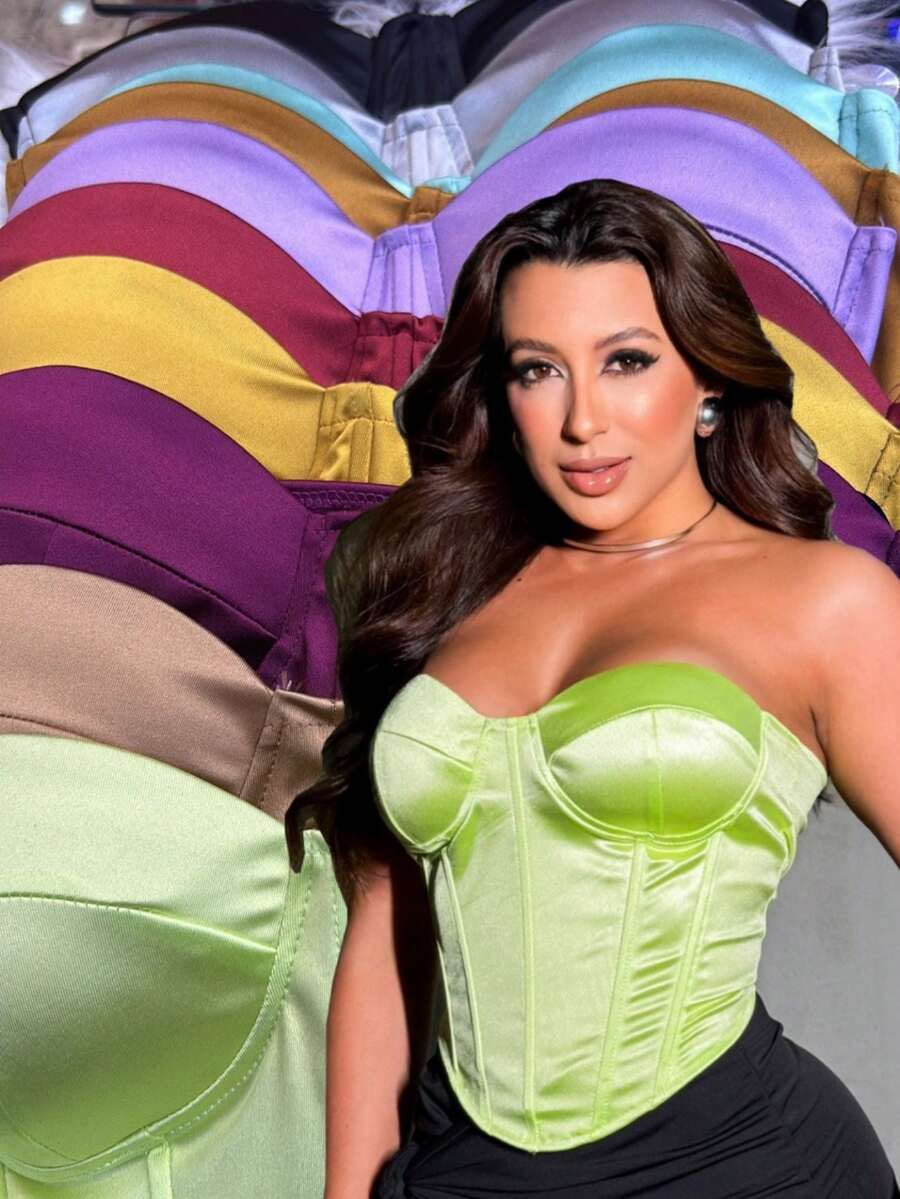 ￼Women's Cropped Croselet Corset Adjustable Back Satin Fabric Party Club Casual Elegant Versatile - 玫瑰紅 - 查看 1