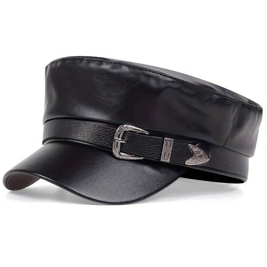 1Piece Men Metal Belt Buckle Pu Leather Flat Caps Outdoor Sunscreen Leisure Hat Spring Autumn Travel Tourism Beach Vacation - 黑色 - 查看 1