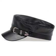 1Piece Men Metal Belt Buckle Pu Leather Flat Caps Outdoor Sunscreen Leisure Hat Spring Autumn Travel Tourism Beach Vacation - 黑色 - 查看 3