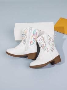 1 双儿童刺绣装饰舒适透气百搭时尚尖头高跟休闲派对拼接撞色短踝靴