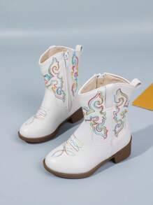 1 双儿童刺绣装饰舒适透气百搭时尚尖头高跟休闲派对拼接撞色短踝靴