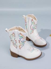 1 双儿童刺绣装饰舒适透气百搭时尚尖头高跟休闲派对拼接撞色短踝靴