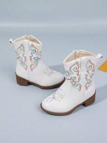 1 双儿童刺绣装饰舒适透气百搭时尚尖头高跟休闲派对拼接撞色短踝靴