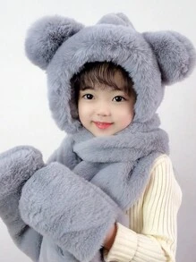 Toddlers' Winter Cute Bear Earflap Hat With Scarf And Gloves 3-In-1, Thermal Lined Windproof Kids Hat, Unisex - Solid Color Ears Plush Three-piece Hat - View 9