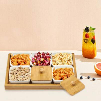 WANLECY Ceramic Snack Serving Tray, 6 Piece With Tray Serving Platter With Bamboo Lids And Pallets Removable Compartment Bowls Moisture-Proof Bowls