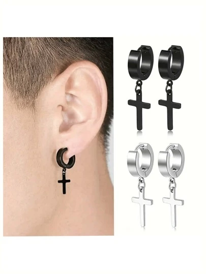 2 pares de aretes con colgante de cruz de acero inoxidable, hipoalergénicos, de moda y con piercing, en negro y plateado, para hombres