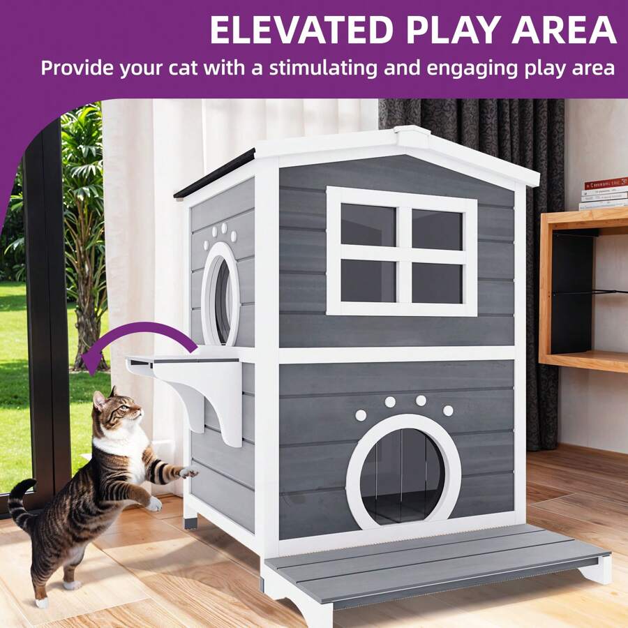 Outdoor Cat House 2Story Wooden Feral Cat Shelter With Roof & Door