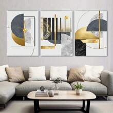 Framed 3pcs Abstract Canvas Wall Art Geometric Canvas Paintings Large Grey Black And Gold Foil Wall Decor Nordic Luxury Gold Posters And Prints Modern Artwork Ideal Gift For Living Room Bedroom Bathroom Home Decor - 黑色 - 查看 9