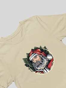 Men's Basic T-Shirt With Santa Print, 100% Cotton Knit, Short Sleeve, Round Neck - 米色 - 查看 3
