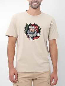 Men's Basic T-Shirt With Santa Print, 100% Cotton Knit, Short Sleeve, Round Neck - 米色 - 查看 1