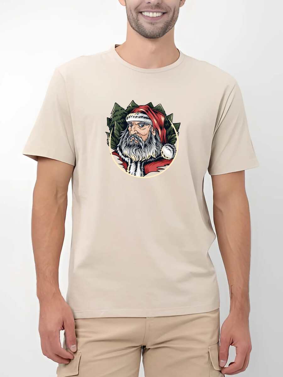 Men's Basic T-Shirt With Santa Print, 100% Cotton Knit, Short Sleeve, Round Neck - 米色 - 查看 1