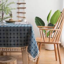 Mantel Rectangular De Lino De Algodón Con Borlas 140x180cm - Azul Marino - Ver 2