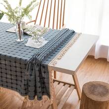 Mantel Rectangular De Lino De Algodón Con Borlas 140x180cm - Azul Marino - Ver 5