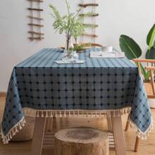 Mantel Rectangular De Lino De Algodón Con Borlas 140x180cm - Azul Marino - Ver 1