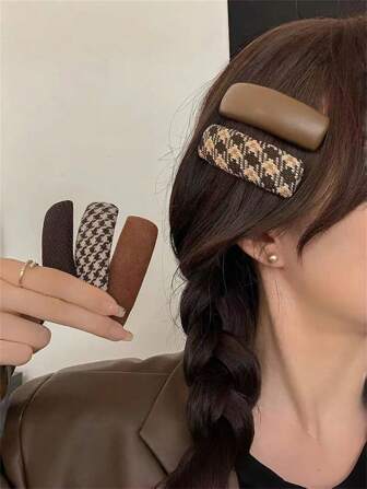 5个装女士复古优雅布艺千鸟格和纯色PU皮革海绵发夹，侧刘海及刘海配饰，多功能发型装饰，发饰，发夹爪夹，学习用品