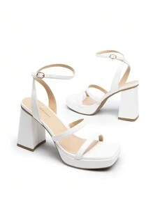 Women High Platform Heeled Sandals Fashionable Strappy Chunky Heel Open Square Toe Heeled Sandals For Summer Wearing