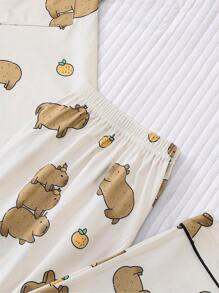 2 件套女士水豚印花睡衣套装，舒适翻领短袖上衣和宽松松紧腰裤，休闲户外/室内纯色家居睡衣和家居服