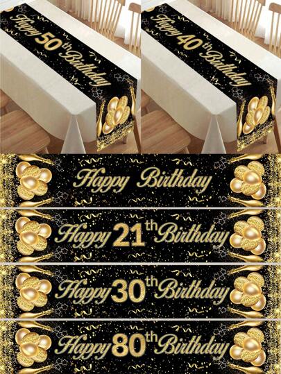1pc 180cm X 35cm Black & Gold Happy 50th Birthday Tablecloth, Birthday Party Table Decor For 40th, 18th, 21st, 30th, 40th, 50th, 60th, 70th, 80th, 90th Birthdays,Christmas