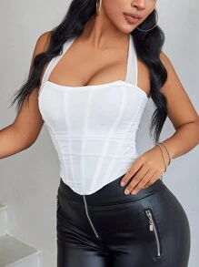 Mesh Ruched Lace Up Boned Lace Up Back Backless Tie Neck Corset Shapewear Crop Halter Top - White - View 1