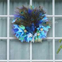 Coronas artificiales colgantes con diseño de pavo real para puerta de entrada, decoración de pared, granja, fiestas, interior y exterior - Azul - Ver 8