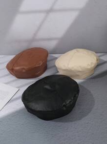 1pc Women Solid Color Leather Waterproof Beret Hat, Versatile For Street, Travel, Painting And Photography