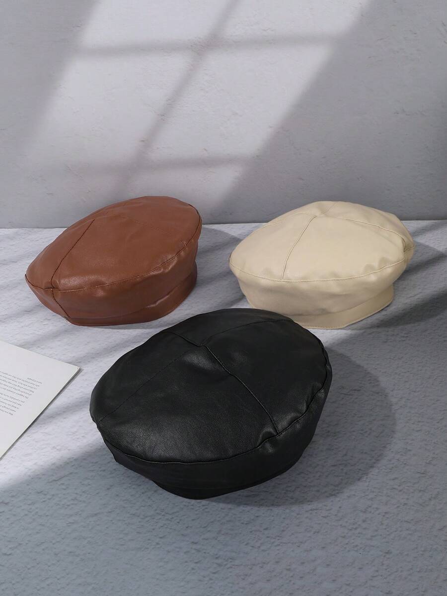 1pc Women Solid Color Leather Waterproof Beret Hat, Versatile For Street, Travel, Painting And Photography