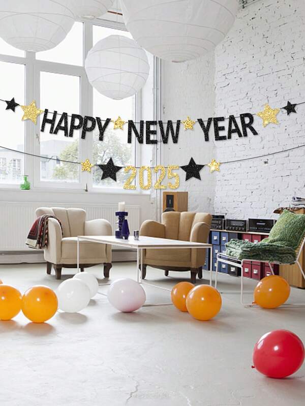 1pc Happy New Year 2025 Hanging Banner,New Year Party Background Decoration, Celebration Supplies