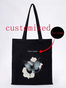 1pc Customized Tote Bag With Personalized Text, Quotes, Slogans, Teacher's Day Gift, Birthday Gift, Unique, Foldable, Large Capacity, Lightweight, Fashion, Canvas Tote Bag, Shoulder Bag, Casual, Shopping Bag