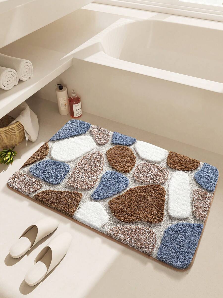 DAJIANG 1pc Flocked Bathroom Non-Slip Mat, Soft Geometric Pattern, Extra Thick & Soft Bathroom Carpet, All Season, Fresh Style, Non-Slip TPR Bottom, Absorbent & Easy To Clean, Machine Washable, Soft & Comfortable, Suitable For Home, Living Room, Bathroom, Vanity, Bathtub, Shower, Sink, Home Decor, Fleece, Thick Entryway Decor Bathroom Kitchen Decor - 彩色 - 查看 1