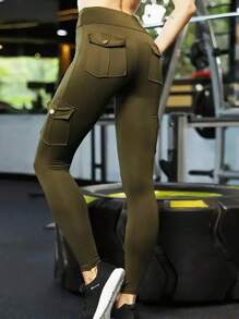 Leggings With Pockets For Women High Waist Yoga Workout Elastic Lounge Pants - Army Green - View 4