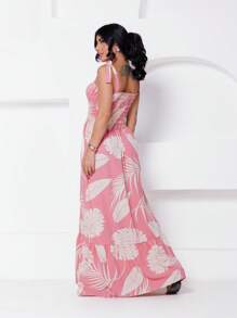 Long Printed Stretch Dress With Straps - Pink - View 4