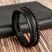 Bracelet tressé fait main pour homme, jonc en acier inoxydable avec perles d'obsidienne naturelle comme ornement