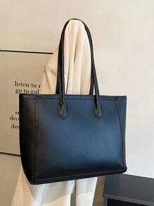 Bolso de hombro estilo retro de gran capacidad en unicolor para mujer, nuevo para otoño/invierno, con etiqueta con aplique de letras, correa de cadena metálica de moda, asas duales casuales, versátil para viajes, llamativo para el trabajo