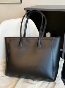 Bolso de hombro estilo retro de gran capacidad en unicolor para mujer, nuevo para otoño/invierno, con etiqueta con aplique de letras, correa de cadena metálica de moda, asas duales casuales, versátil para viajes, llamativo para el trabajo